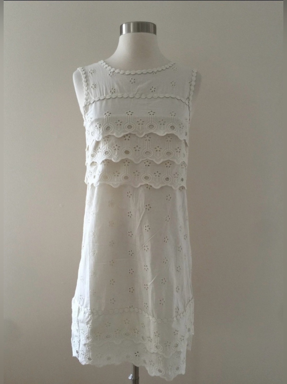 J. Crew 100% Cotton White Eyelet Tiered Embroidered Dress L